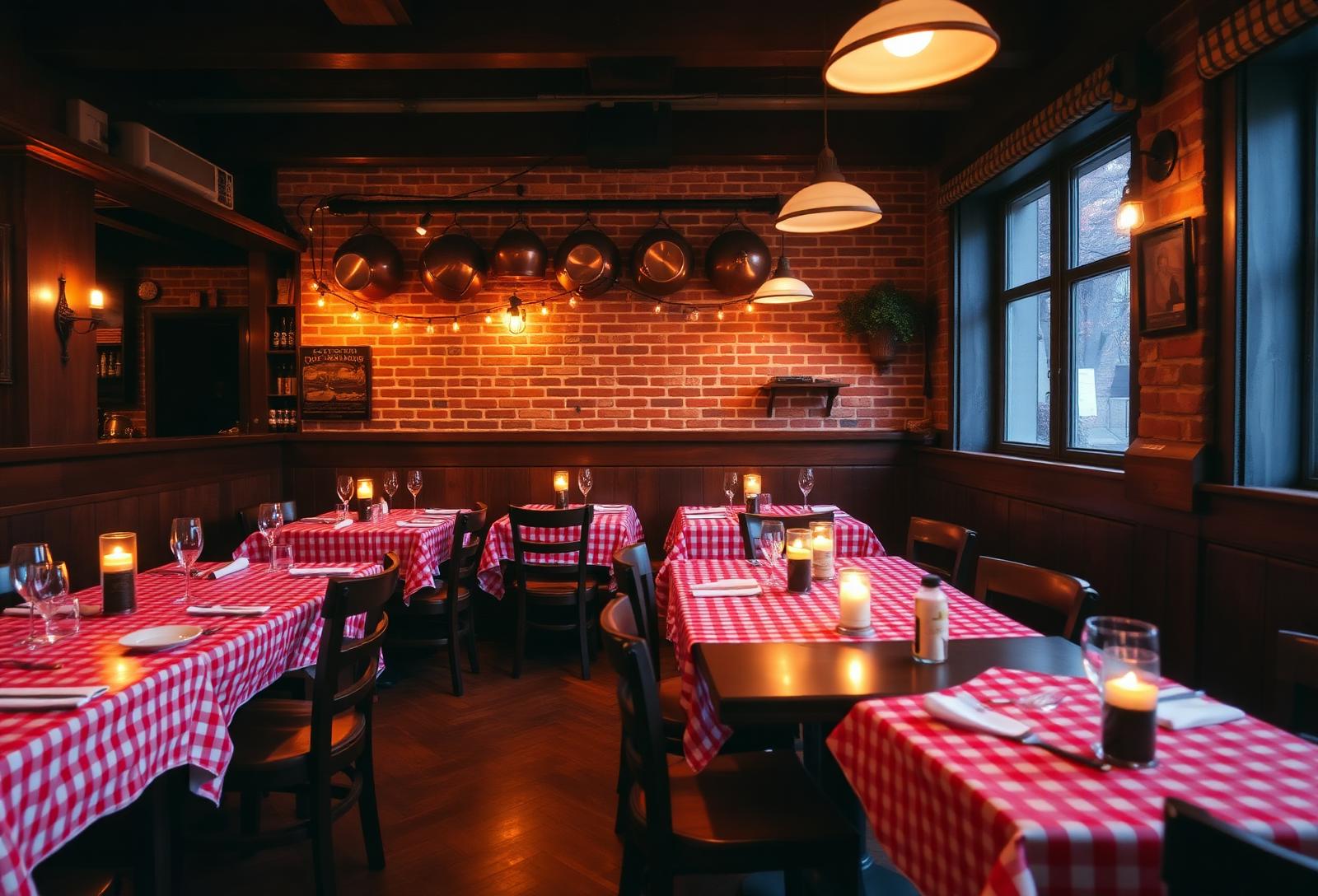 Warm interior of Russo's Kitchen with red checkered tablecloths